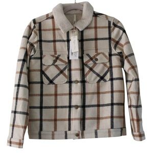 NWT Rylee and Cru Julian Jacket Sherpa Lined Trucker Style Plaid Cream Tan 12-14